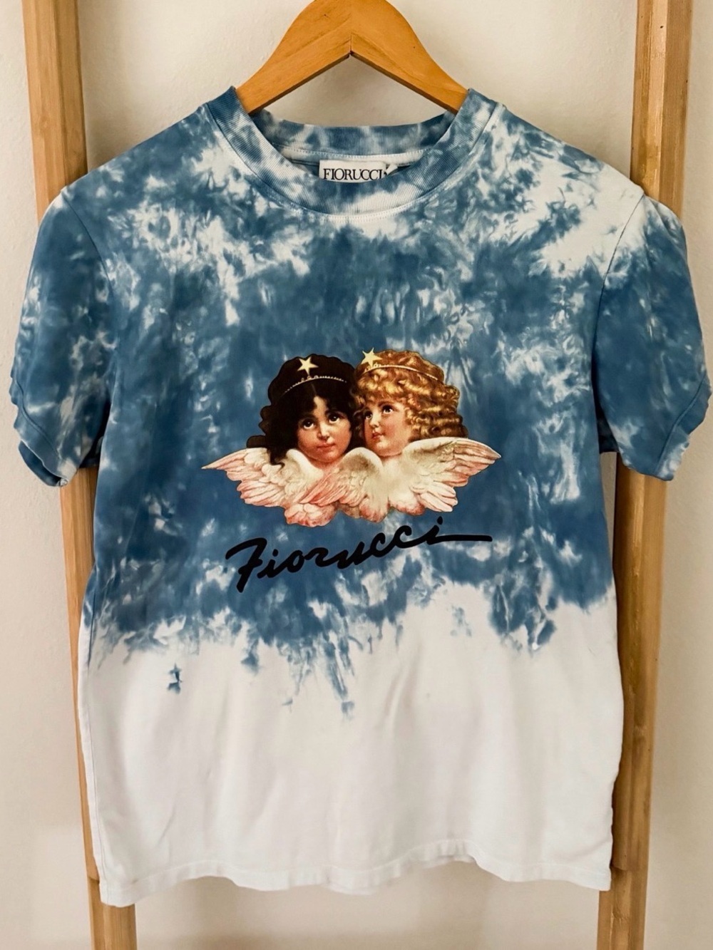 Fiorucci Blue Tie Dye Angels Graphic T-Shirt XS Cotton Short Sleeve Tee